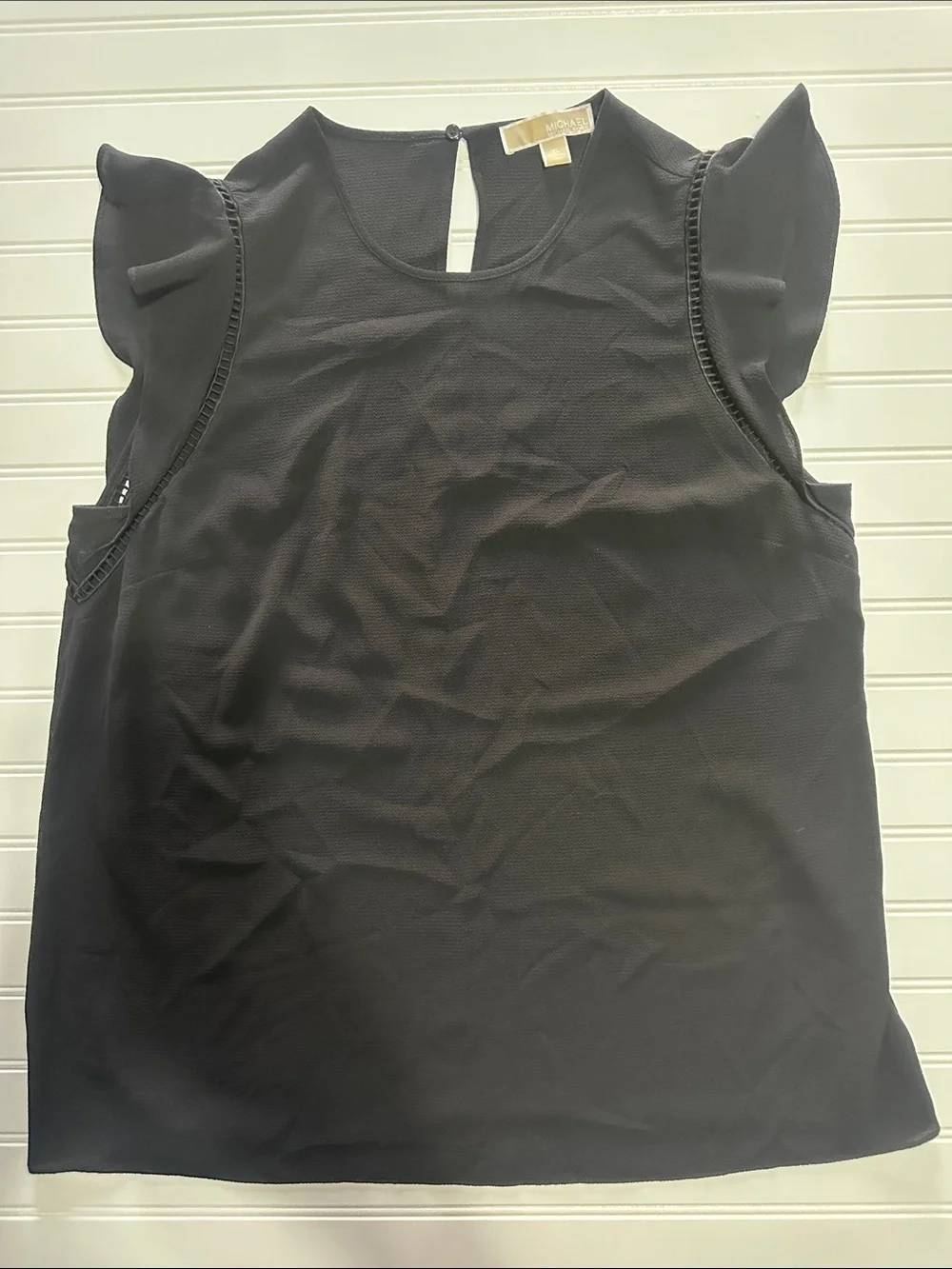 Michael Kors Black Flutter Sleeve Blouse XL Textured Keyhole Back Top